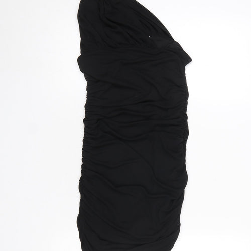 Zara Women Black S One Shoulder Ruched Bodycon Short Dress