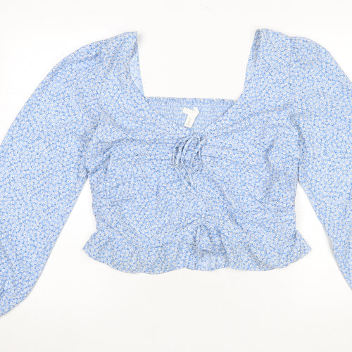 H&M Women’s Blue Floral Cropped Blouse Size L Long Sleeve Boho