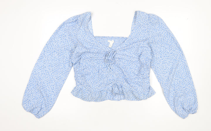 H&M Women’s Blue Floral Cropped Blouse Size L Long Sleeve Boho