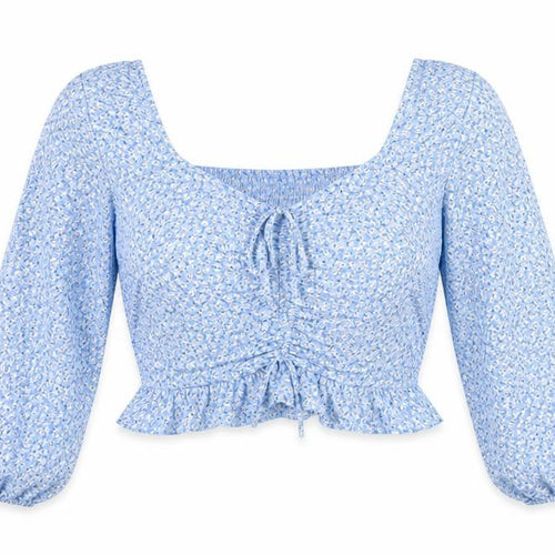 H&M Women’s Blue Floral Cropped Blouse Size L Long Sleeve Boho