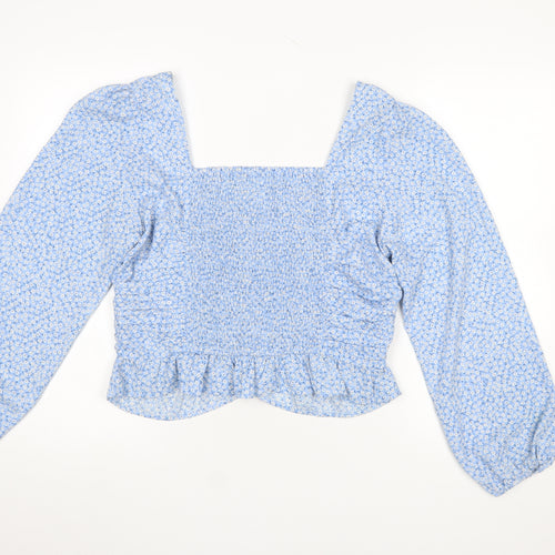 H&M Women’s Blue Floral Cropped Blouse Size L Long Sleeve Boho