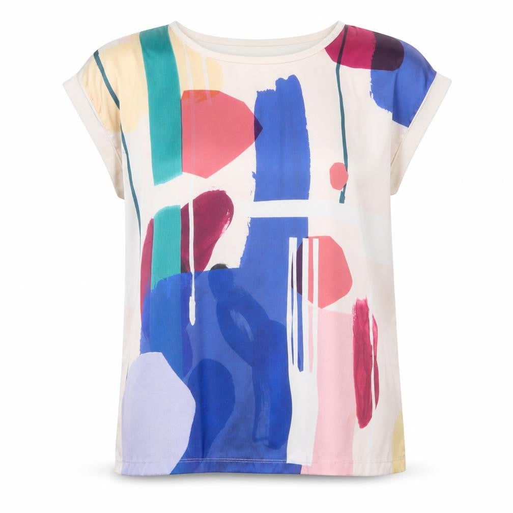Front view of Dunnes women’s multicoloured abstract print blouse, size UK 14