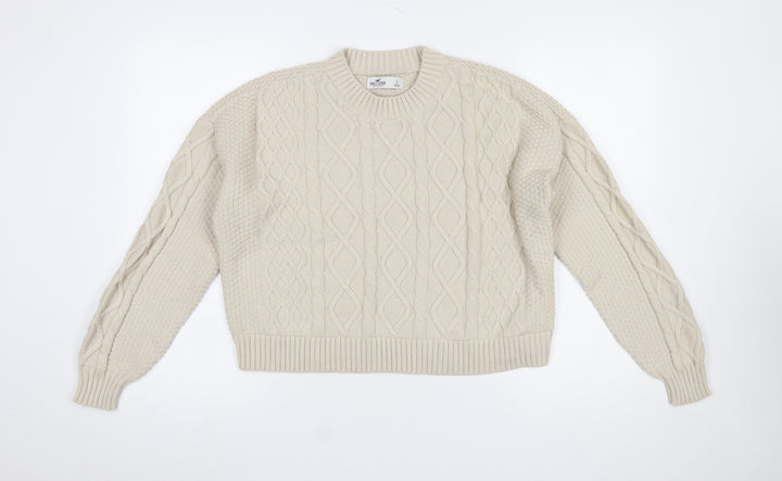 Hollister Womens Beige Cable-Knit Crew Neck Cotton Jumper Size S