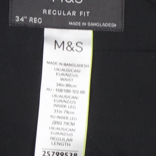 Marks and Spencer Men's Black Regular Fit Polyester Trousers 34W 31L