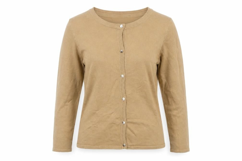 Front view of M&Co Women Beige Cardigan Medium Crew Neck Knit Lightweight