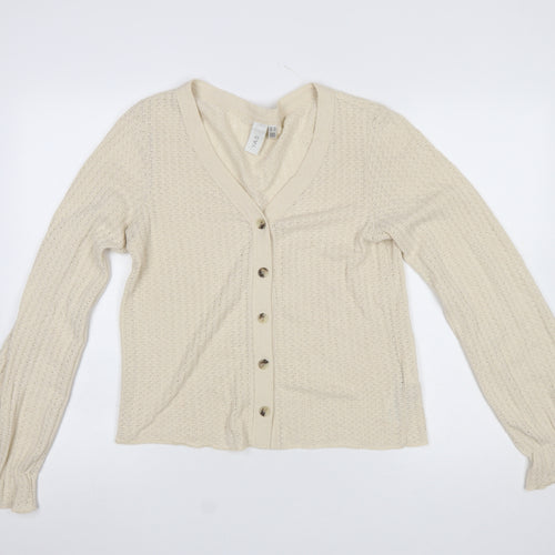 Y.A.S Women Beige V-Neck Button-Up Knit Cardigan Size M