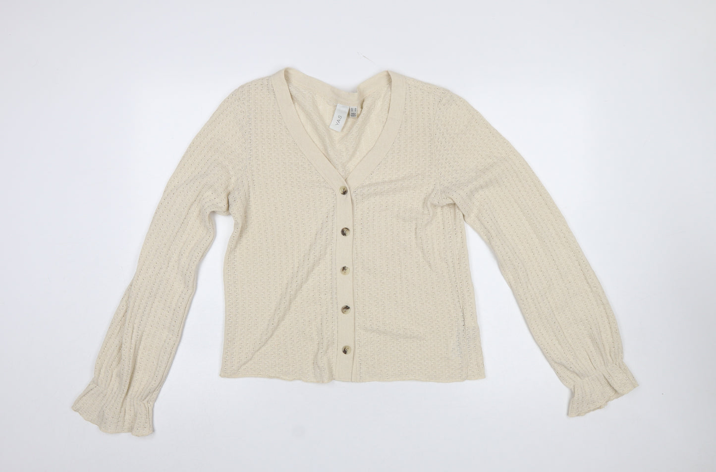 Y.A.S Women Beige V-Neck Button-Up Knit Cardigan Size M