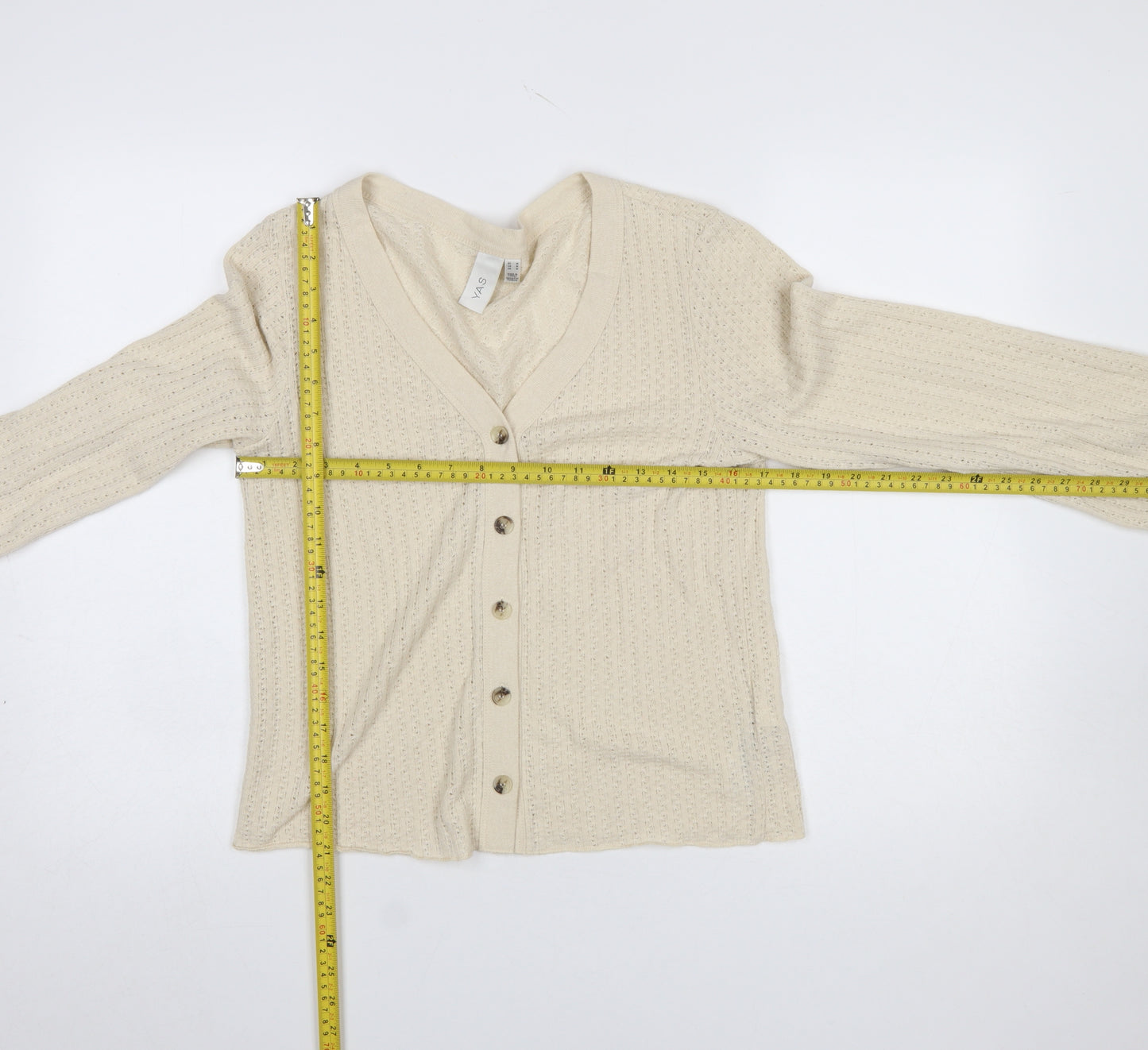 Y.A.S Women Beige V-Neck Button-Up Knit Cardigan Size M