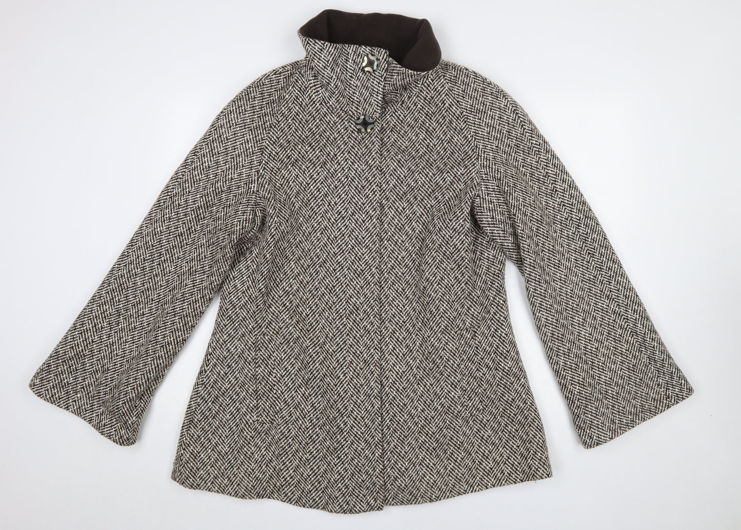 Simple Wish Women Brown Herringbone Wool Blend Mid-Length Coat Size 14