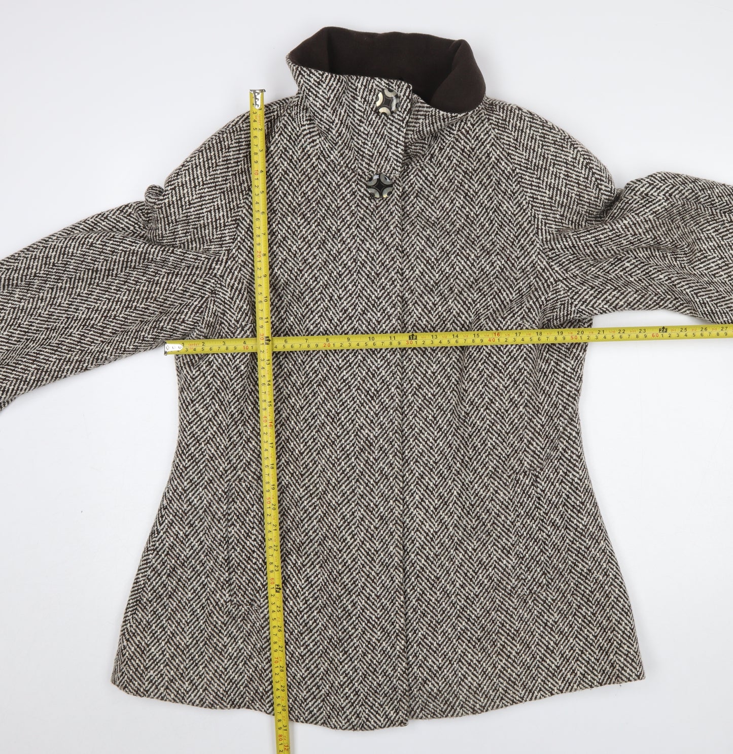 Simple Wish Women Brown Herringbone Wool Blend Mid-Length Coat Size 14
