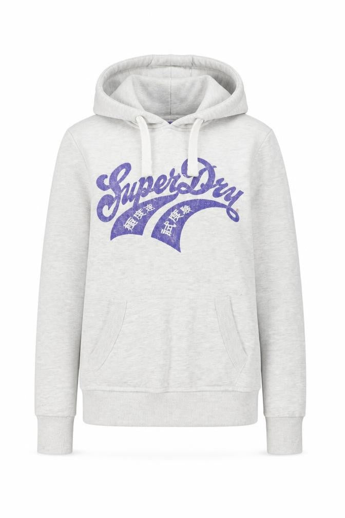 Front view of Superdry Women Grey Pullover Hoodie Small Vintage Logo Sweatshirt