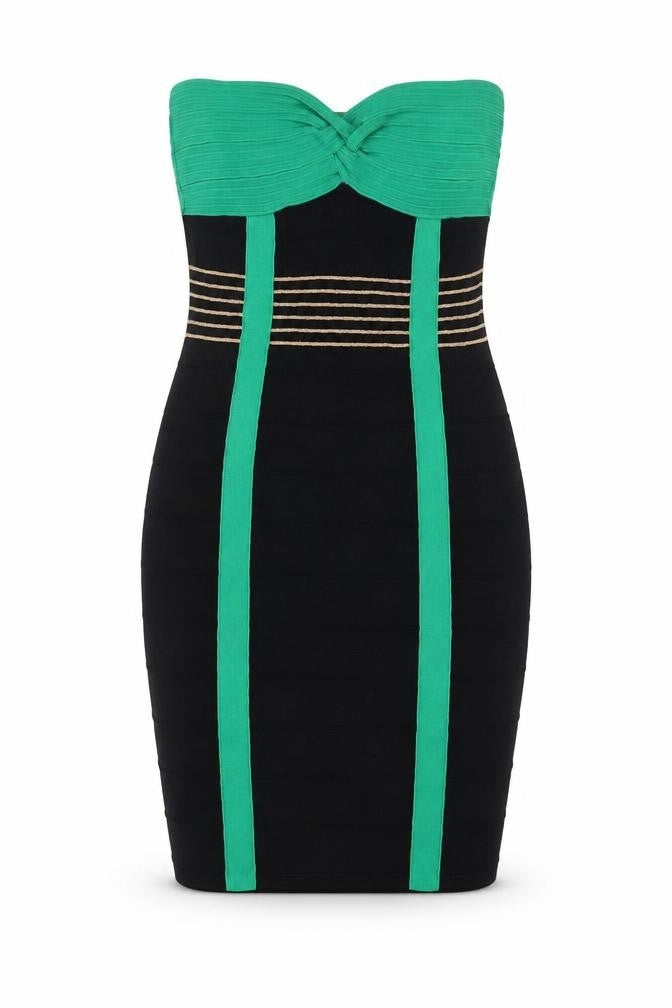 Front view of SuiteBlanco Women's Black & Green Strapless Bodycon Dress, size M