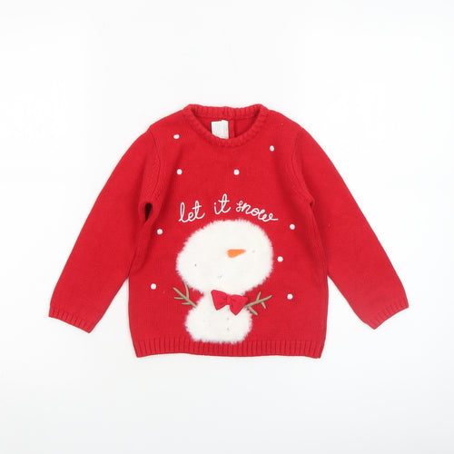 Mamas & Papas Girls Red Christmas Snowman Jumper 2-3 Years Cotton Pullover