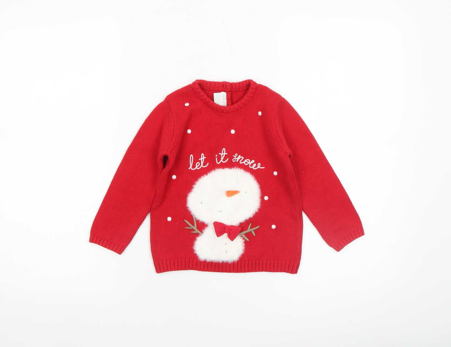 Mamas & Papas Girls Red Christmas Snowman Jumper 2-3 Years Cotton Pullover