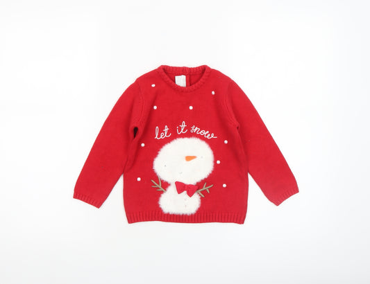 Mamas & Papas Girls Red Christmas Snowman Jumper 2-3 Years Cotton Pullover