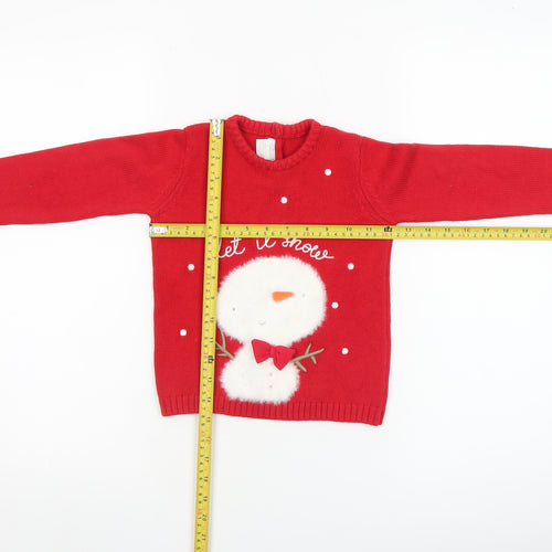 Mamas & Papas Girls Red Christmas Snowman Jumper 2-3 Years Cotton Pullover