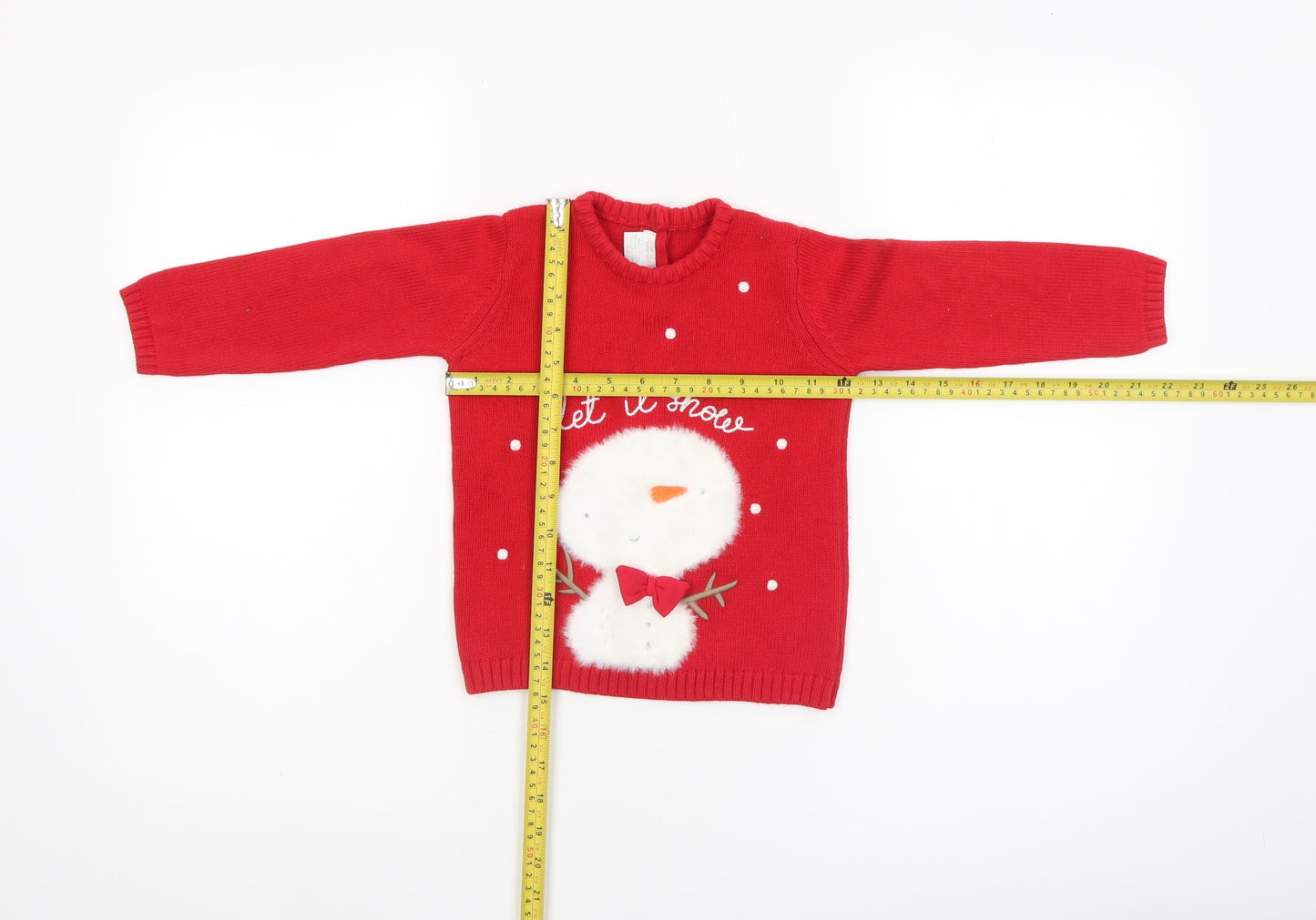 Mamas & Papas Girls Red Christmas Snowman Jumper 2-3 Years Cotton Pullover