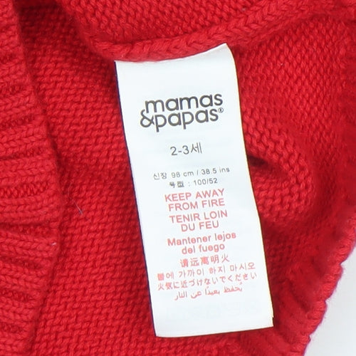 Mamas & Papas Girls Red Christmas Snowman Jumper 2-3 Years Cotton Pullover