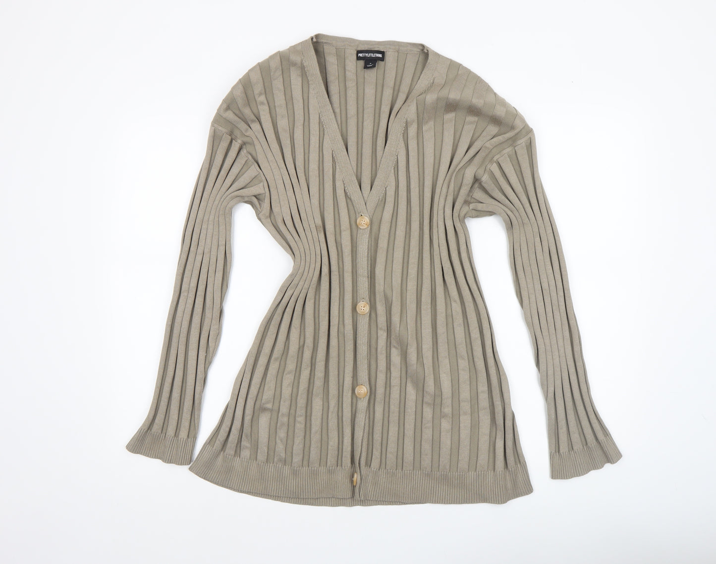 PrettyLittleThing Women’s Beige Ribbed Cardigan M Long Sleeve Knit