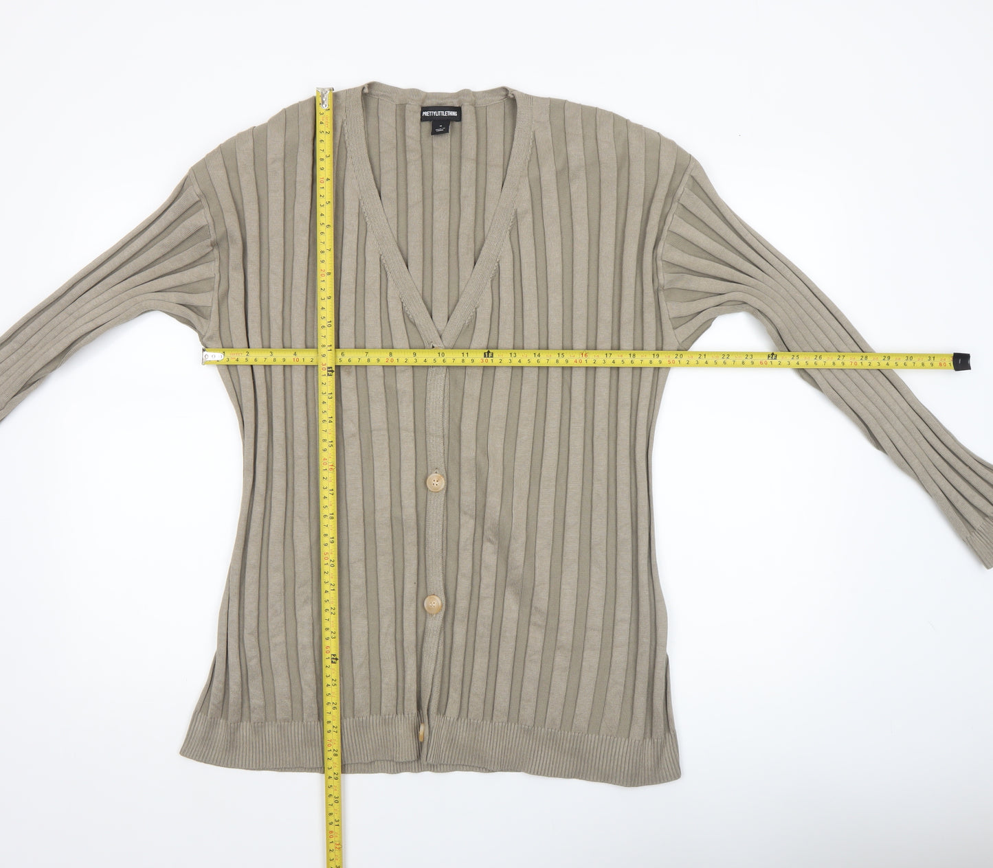 PrettyLittleThing Women’s Beige Ribbed Cardigan M Long Sleeve Knit