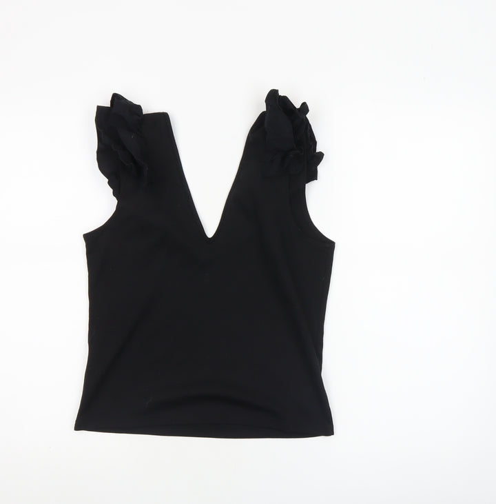 Zara Trafaluc Women’s Black Ruffle Sleeve V-Neck Camisole Tank Top Size S