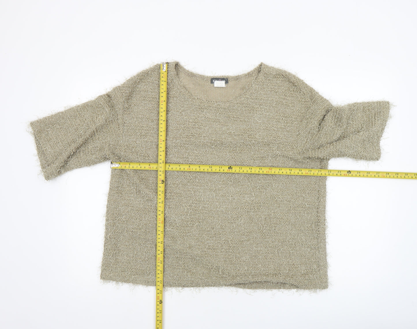 Kim & Co Women Beige 3/4 Sleeve Round Neck Knit Pullover Jumper L
