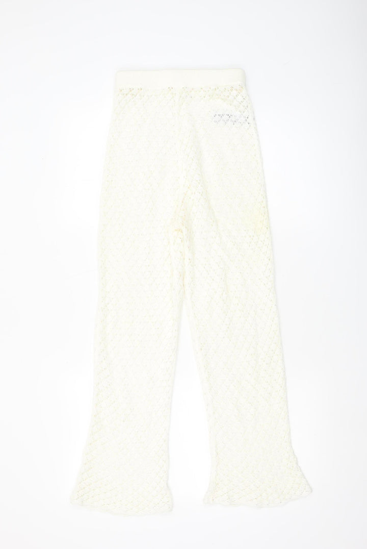 Oysho Women Ivory XS Crochet Cotton Flared Trousers