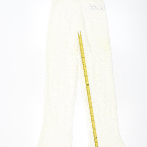 Oysho Women Ivory XS Crochet Cotton Flared Trousers