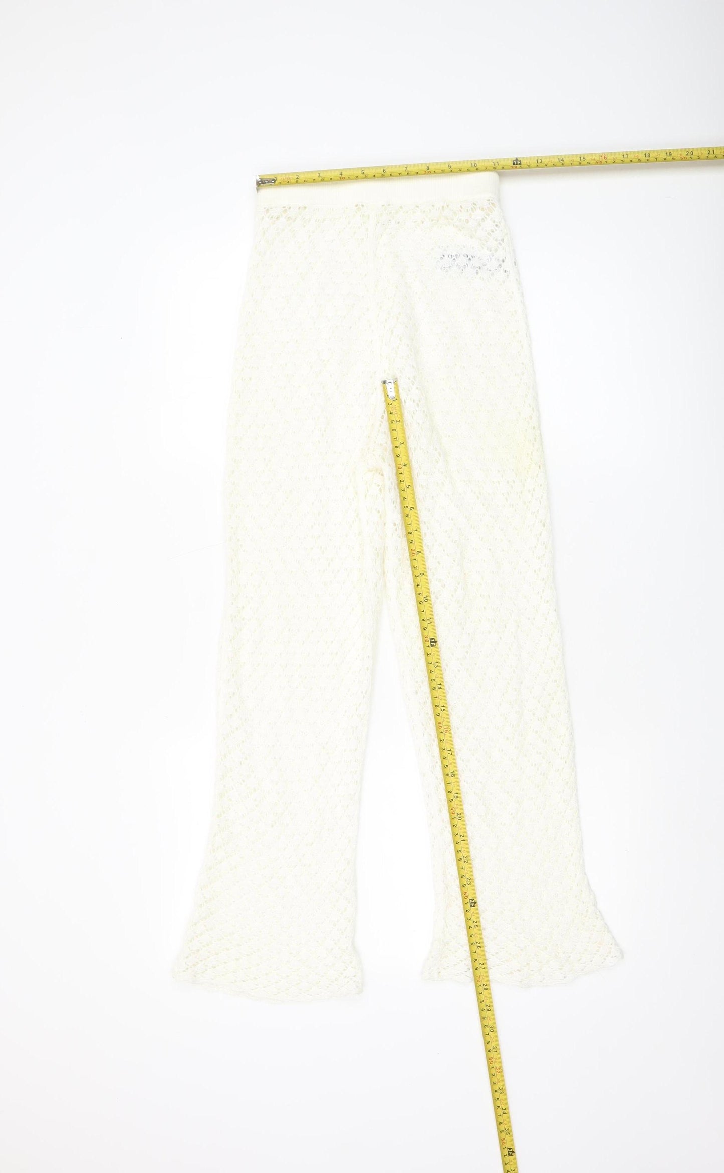 Oysho Women Ivory XS Crochet Cotton Flared Trousers