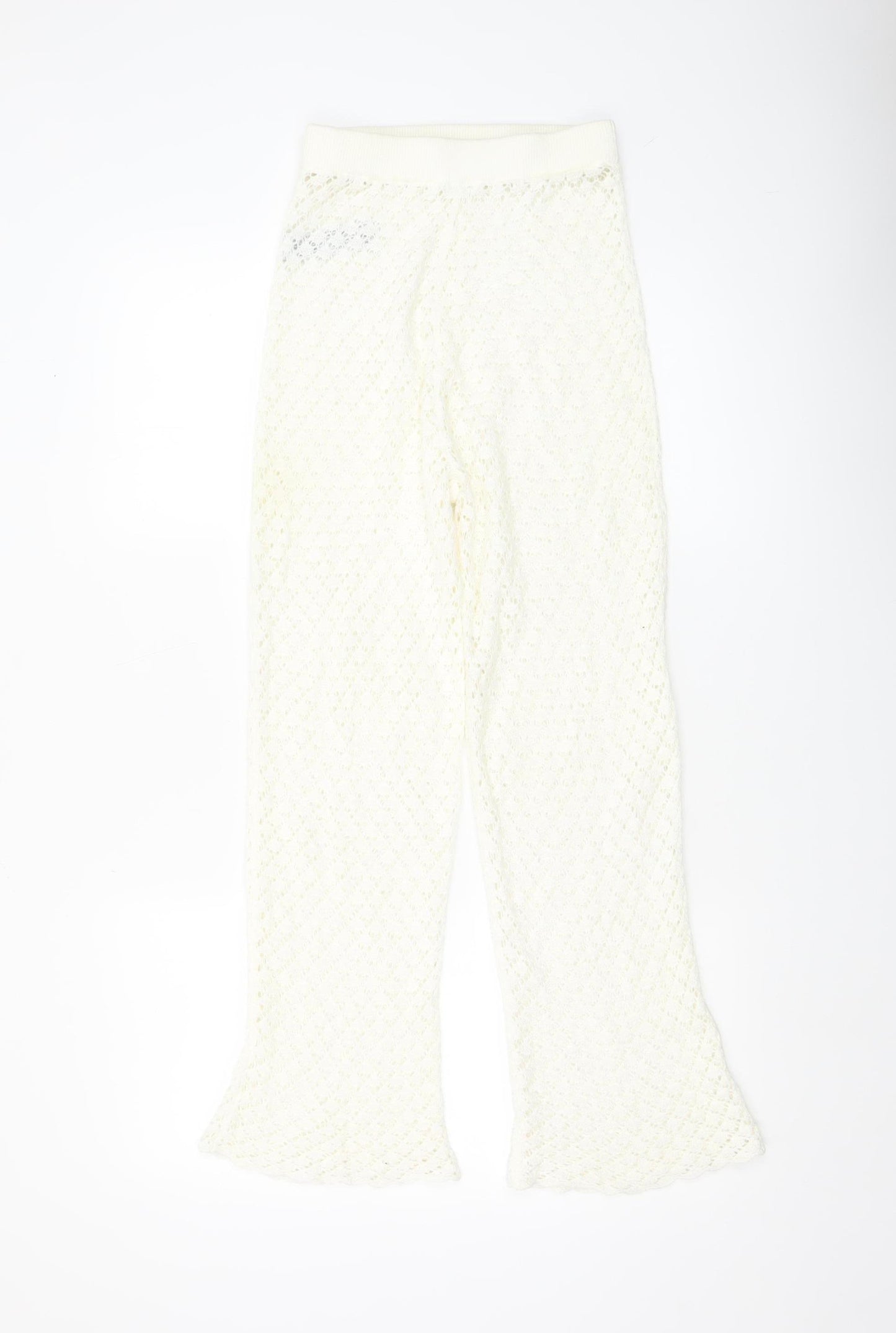 Oysho Women Ivory XS Crochet Cotton Flared Trousers