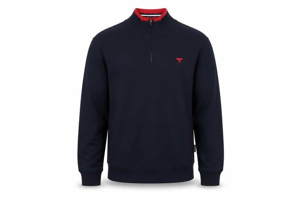 Front view of Phenix Men's Blue 1/2 Zip Cotton Sweatshirt L High Neck Logo