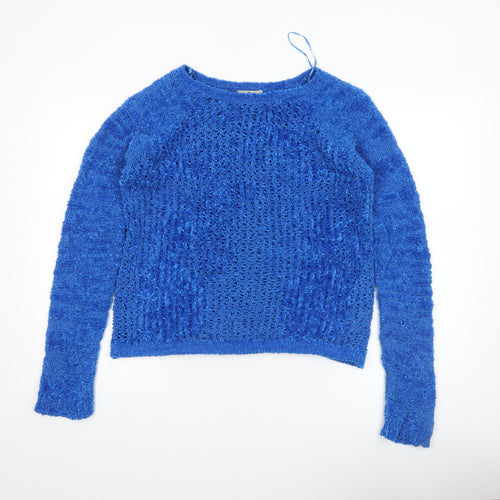 Tu Women Blue Open-Knit Crew Neck Long Sleeve Jumper Size 12
