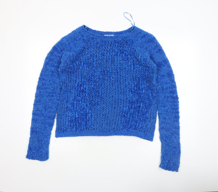 Tu Women Blue Open-Knit Crew Neck Long Sleeve Jumper Size 12