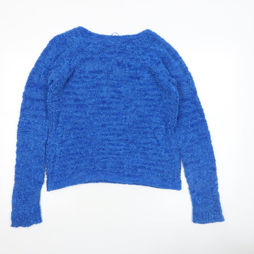 Tu Women Blue Open-Knit Crew Neck Long Sleeve Jumper Size 12
