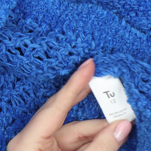 Tu Women Blue Open-Knit Crew Neck Long Sleeve Jumper Size 12