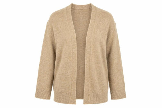 Front view of Isabella D Women Beige Wool Blend Open Front Cardigan S/M