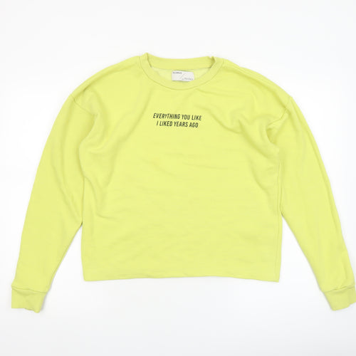 Pull & Bear Womens Yellow Cotton Sweatshirt Size S Crew Neck Graphic Print