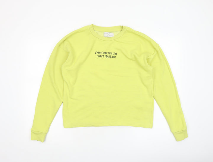 Pull & Bear Womens Yellow Cotton Sweatshirt Size S Crew Neck Graphic Print