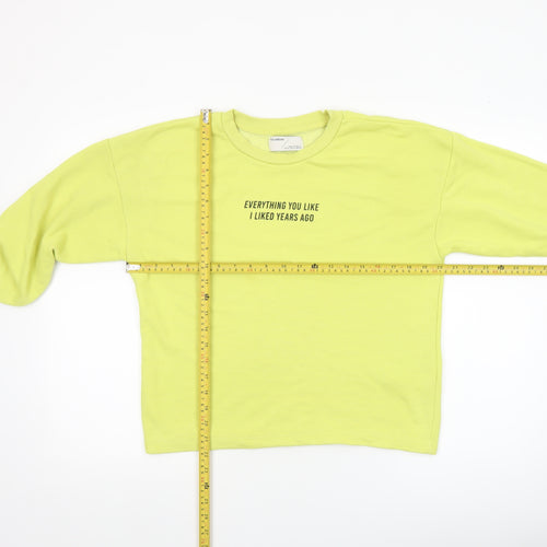 Pull & Bear Womens Yellow Cotton Sweatshirt Size S Crew Neck Graphic Print