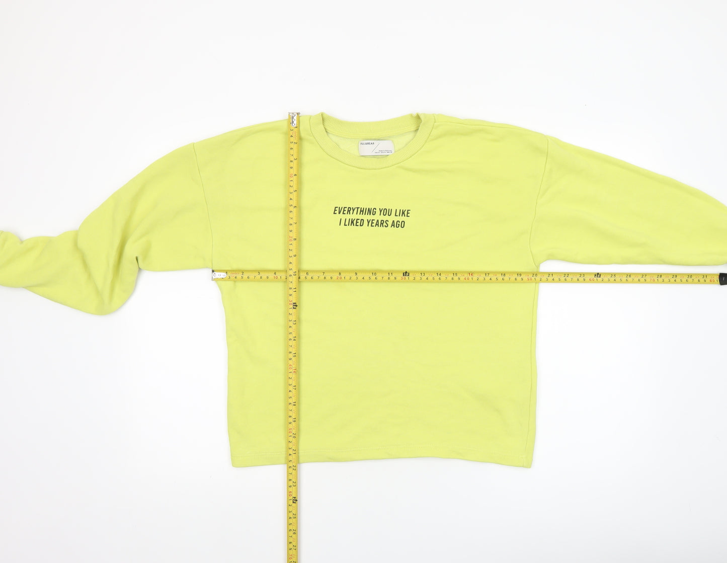 Pull & Bear Womens Yellow Cotton Sweatshirt Size S Crew Neck Graphic Print
