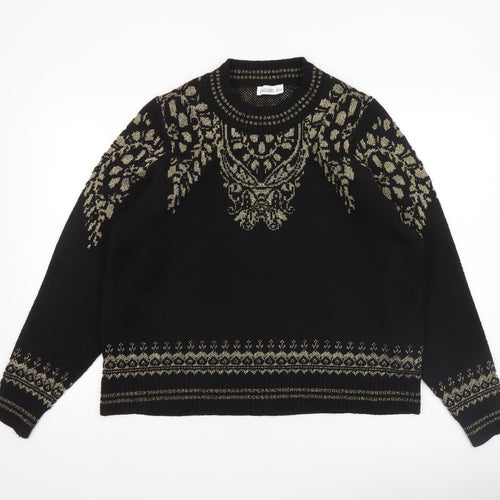 Gallery Womens Black Gold Knit Crew Neck Pullover Jumper Size L