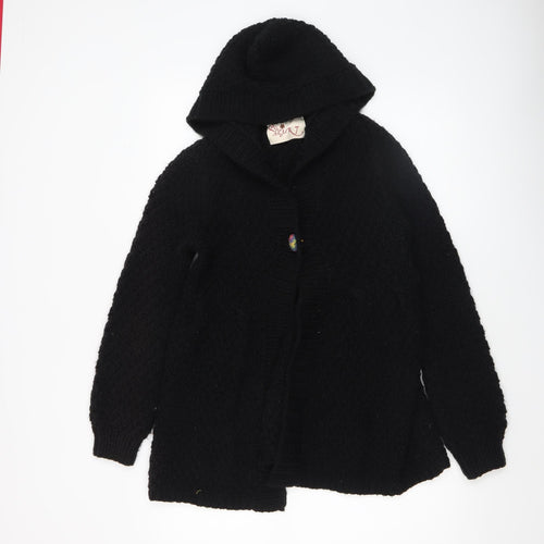 Heart Womens Black Chunky-Knit Hooded Cardigan M/L Acrylic