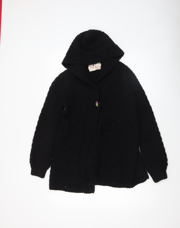 Heart Womens Black Chunky-Knit Hooded Cardigan M/L Acrylic