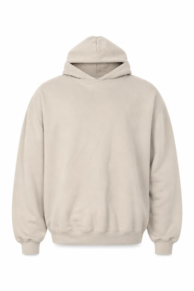 Front view of Gym+Coffee Men's Beige Pullover Hoodie, size L