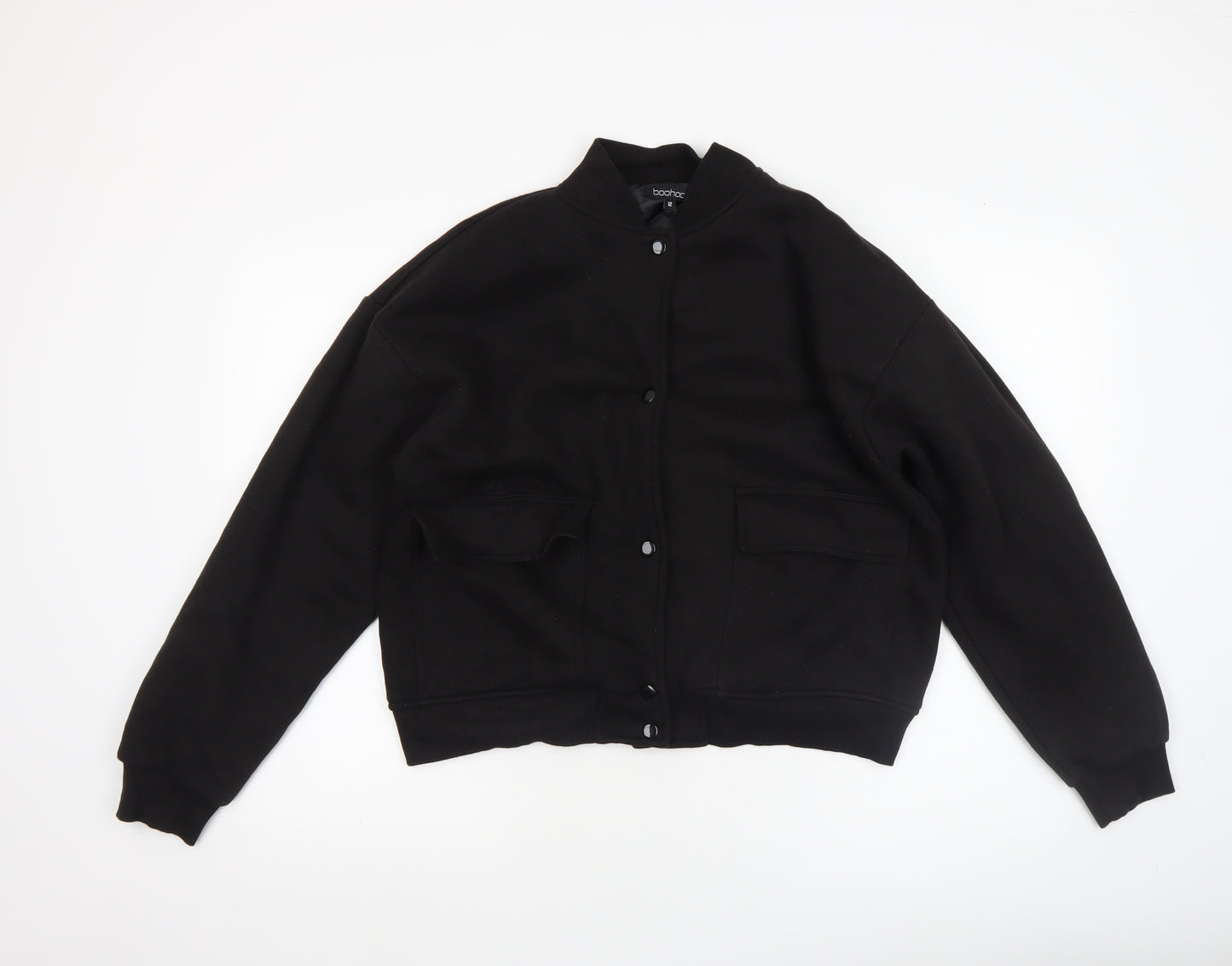 Boohoo Women Black Size 12 Bomber Jacket Cotton Blend Lined
