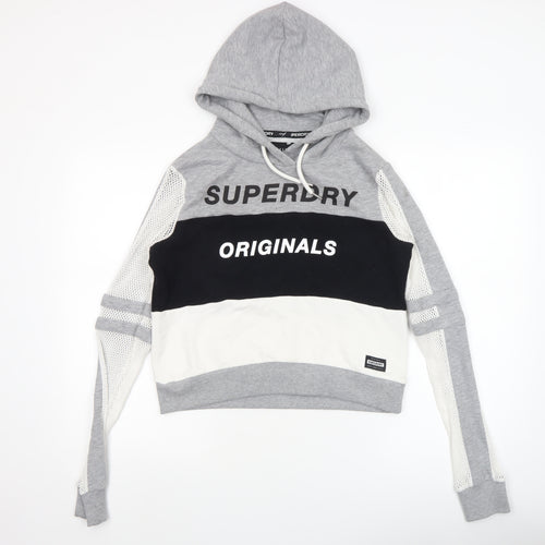 Superdry Womens Grey Black White Hooded Pullover Hoodie Medium