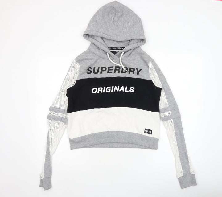 Superdry Womens Grey Black White Hooded Pullover Hoodie Medium
