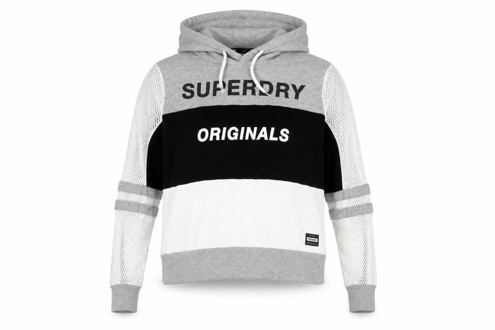 Front view of Superdry women’s grey black white hooded pullover hoodie medium