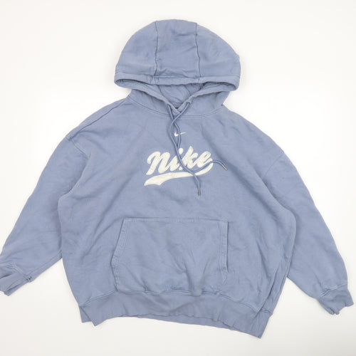 Nike Women Blue Pullover Hoodie L Logo Print Cotton Blend