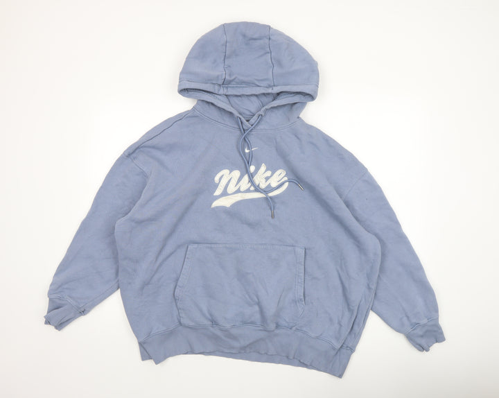 Nike Women Blue Pullover Hoodie L Logo Print Cotton Blend